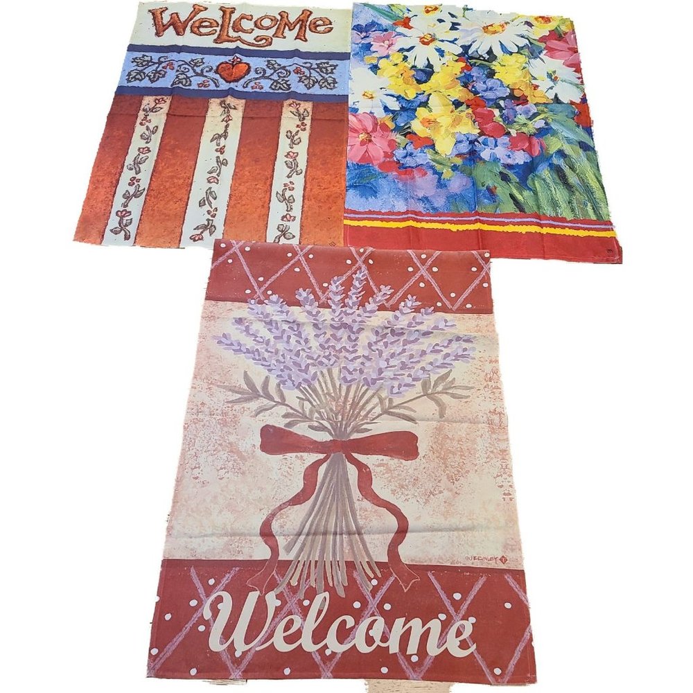 Lot of 3 Garden Flags. Spring Flowers Welcome Heart. Greenhouse Nursery